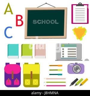 Schulbedarf Vektor Clip Art-Objekte. Tafel mit Bildung Objekte - Rucksack, Notebook, Bücher und Schreibwaren. Stock Vektor