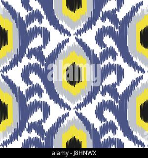 Ikat Rinnenplatte Vektor nahtlose Muster. Abstrakten floralen Hintergrund für den Stoff, Druck oder Geschenkpapier. Indigo blau-gelben Design. Stock Vektor