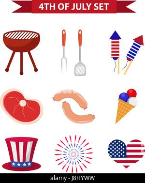 Reihe von patriotischen Icons Independence Day of America. 4. Juli Sammlung von Design-Elemente isoliert auf weißem Hintergrund. Nationalfeiertag, Grill, Grill. Vektor-Illustration, ClipArt-Grafiken. Stock Vektor