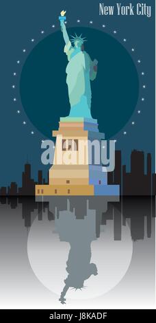 Die Freiheitsstatue (Statue of Liberty) auf blauem Hintergrund von New York.  Bunte Vektor-Bild Stock Vektor