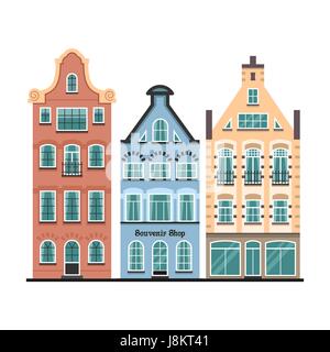 Satz von 3 Amsterdam alte Häuser Cartoon Fassaden Stock Vektor
