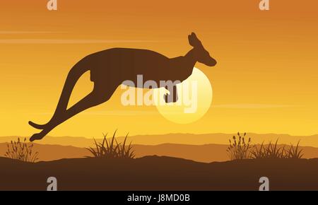 Landschaft von Känguru auf Hügel Silhouetten Stock Vektor