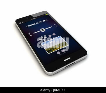 3D-Rendering einer ursprünglichen Smartphones mit Drone Control app auf dem Bildschirm. Die Bildschirmgrafik bestehen. Stockfoto