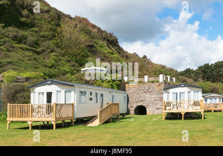 Mobilheime im Pentewan Sands holiday Park, Cornwall, England, uk. Stockfoto