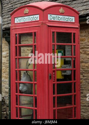 Britische Telefonzelle in Upper Slaughter, England verwandeln sich in lebensrettende automatische elektrische Defibrillator Stationen als Bezahlung Telefone verschwinden Stockfoto