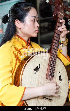 Cangpo, Zhejiang, China.  Junge Frau ein Ruan (chinesische Banjo) in eine chinesische Opernorchester zu spielen. Stockfoto