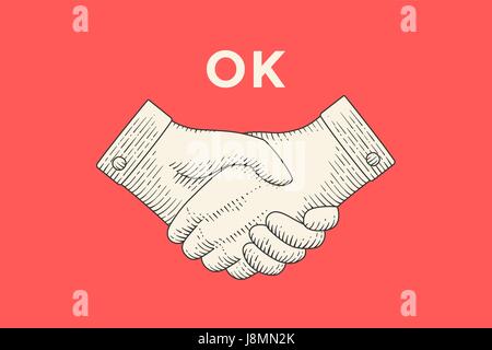 Jahrgang, die Zeichnung der Handshake in Gravur Stil mit Text "OK" Stock Vektor