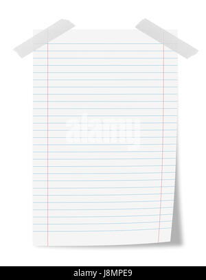Papierblatt mit Klebeband isoliert auf weiss Stockfoto