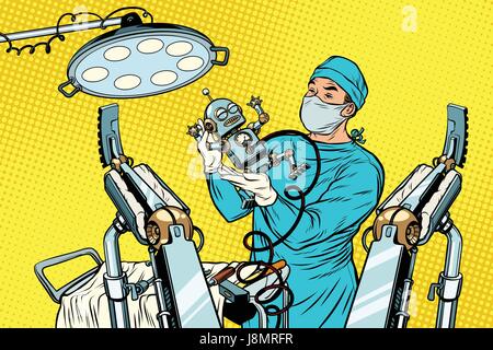 Geburt Neugeborenes Roboter, ein Geburtshelfer im OP-Saal. Medizin und Gesundheitswesen. Fortschritt und Zivilisation. Pop-Art-Retro-Vektor-illustration Stock Vektor