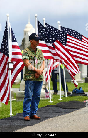 Westminster, Maryland, USA. 29. Mai 2017. Ein ehemaliger Soldat steht vor amerikanischen Flaggen auf dem Friedhof bei offiziellen Veranstaltungen für Memorial Day, ein Feiertag in den Vereinigten Staaten für das Gedenken an die verstorbenen während des Dienstes in den Streitkräften des Landes. Bildnachweis: James Brunker/Alamy Live-Nachrichten Stockfoto