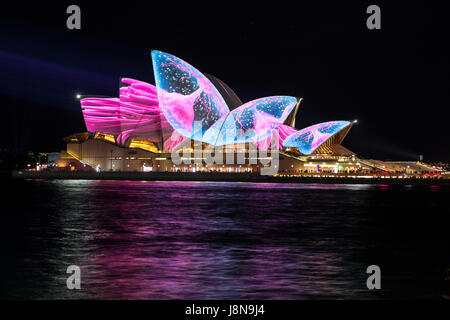 Vivid Sydney Light Festival im Jahr 2017 wird das Sydney Opera House in immersive Lichtinstallationen getaucht, während Licht auf die Fassade des Gebäudes projiziert wird. Das Vivid Sydney Festival ist eine jährliche Veranstaltung, die Hunderttausende an der Veranstaltung über einen Zeitraum von drei Wochen anzieht. Sydney, NSW, Australien Stockfoto