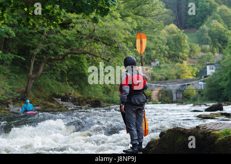 Weibliche kayaker stehen und beobachten die Stromschnellen auf die Schlangen Schwanz in der Nähe der Chain Brücke am River Dee in Nord Wales Stockfoto