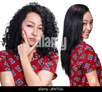 Junge Frau mit schwarzen Haaren vor und nach der Begradigung auf weißem Hintergrund Stockfoto