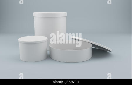 Weiße Runde 3d Verpackung für Produkte. Auf grauem Hintergrund. 3D-Rendering. Stockfoto