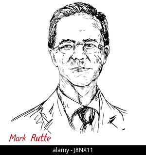 Mark Rutte, niederländischer Politiker, Premierminister der Niederlande seit 2010, Führer der Volkspartei für Freiheit und Demokratie, hand gezeichnete 2D-Illustration Stockfoto