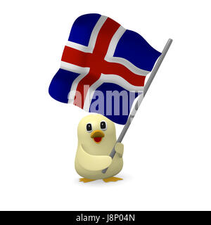 Lustiger Vogel mit der Flagge von Island, 3D-Rendering Stockfoto