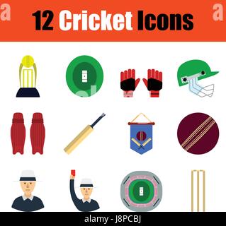 Flaches Design Cricket Symbolsatz in Ui-Farben. Vektor-Illustration. Stock Vektor