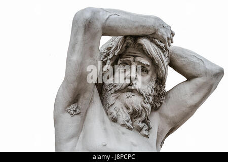 Lustigen traurigen Gesicht einer alten Mann Skulptur isoliert auf weißem Hintergrund Stockfoto