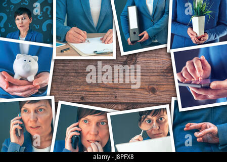 Frau in der Wirtschaft und Unternehmertum Fotocollage über hölzerne Office Schreibtisch-Hintergrund Stockfoto