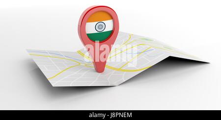 Indien Kartenzeiger isoliert auf weißem Hintergrund. 3D illustration Stockfoto