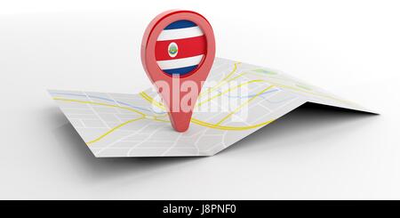 Costa Rica Kartenzeiger isoliert auf weißem Hintergrund. 3D illustration Stockfoto