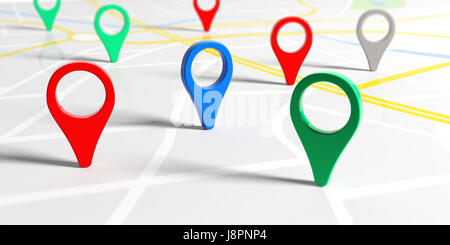 Reisen und Navigation Planung Konzept - bunte Zeiger auf einer Karte. 3D illustration Stockfoto