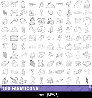 100 Bauernhof Icons Set, Umriss-Stil Stock Vektor