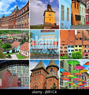 Rumänien reisen Collage. Reihe von bunten Bilder Transylvania Region Städte und Sehenswürdigkeiten - Timisoara, Brasov, Sibiu, Sighisoara/Schäßburg Stockfoto