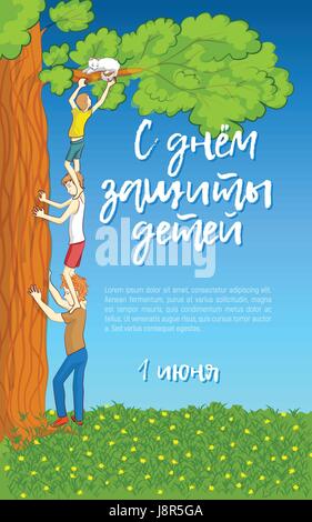 Childrens Day in Russland, 1 Juni 2017. Russischen Text bedeutet glücklich internationalen Tag zum Schutz von Kindern. Drei Knaben retten eine Katze auf einem Baum BH stecken Stock Vektor