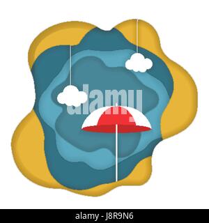 Sommer Strandurlaub Vektor-Illustration Sommer-Strand-Vektor-Design in der Küste Strand Sonnenschirm und Wolken Papier Kunst Konzept Stock Vektor