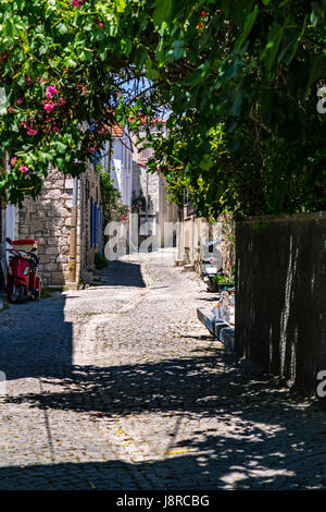 Alacatı, der wunderschöne Stadtteil Izmir, fasziniert mit seinen farbenfrohen und dekorativen Straßen. Stockfoto