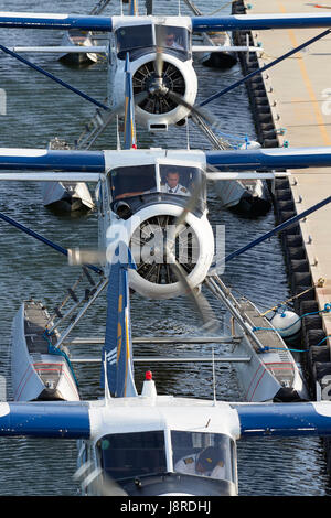 Piloten, den Motor laufen lassen, auf Harbour Air Wasserflugzeuge Vintage de Havilland Canada DHC-2 Beaver Wasserflugzeuge festgemacht an Vancouver Harbour Flight Center, Kanada. Stockfoto