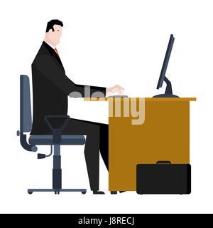 Manager auf Computer arbeiten. Geschäftsmann am Tisch sitzen. Büroarbeitsplatz Stock Vektor