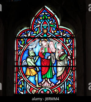 Szene aus dem Leben Jesu, von Adolph Didron, Paris, 1860, gebeizt Glas Fenster, Feltwell, Norfolk, England... Jesus versucht durch Satan in der Judäischen Wüste Stockfoto