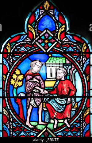 Gleichnis vom verlorenen Sohn, von Didron von Paris, 1859.  Glasfenster, Feltwell Kirche, Norfolk, der verlorene Sohn von seinem Vater empfangen Stockfoto