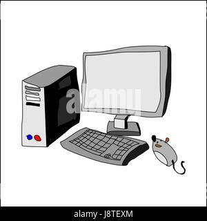 Computer Handzeichnung. Systemeinheit und Tastatur. Monitor und Maus Stock Vektor