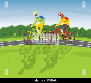 Mann und Frau fahren mit dem Fahrrad auf einer Landstraße. Vektor-Illustration. Stock Vektor