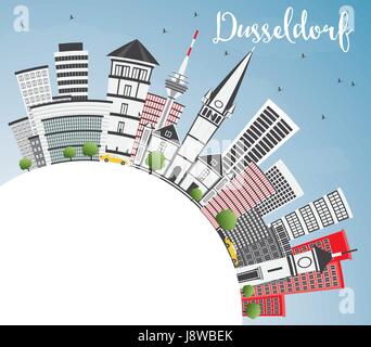 Düsseldorf Skyline mit grauen Gebäude, blauer Himmel und Kopieren. Vector Illustration. Business Travel und Tourismus Konzept mit historischer Architektur. Stock Vektor