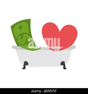 Liebe und Geld In die Badewanne. Verkauf von Liebe. Dollar und Herz waschen im Bad Stock Vektor