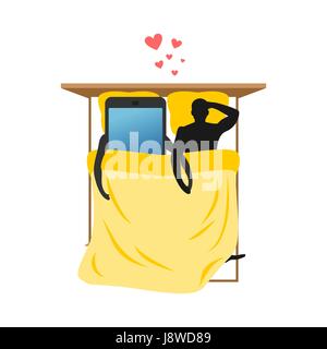 Liebhaber von Gadgets. Mann und Smartphone im Bett. Decken und Kissen. Gerät immer zusammen. Ich liebe mein Handy. Stock Vektor