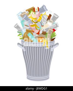 Mülleimer mit Müll isoliert. Wheelie bin mit Müll auf weißem Hintergrund. Müllcontainer Eisen. Schälen von Banane und Stub. Zinn und alte Zeitung. Knochen ein Stock Vektor