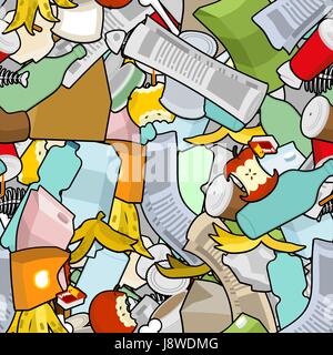 Nahtlose Muster Müll. Müll-Textur. Papierkorb Ornament. Wurf-Hintergrund. Schälen von Banane und Stub. Zinn und alte Zeitung. Knochen und Verpackung. CR Stock Vektor