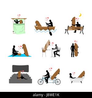 Skateboard Set Liebhaber. Mann und Skateboard in Kino. Liebhaber in Bad. Romantisches Rendezvous. Boot. Person auf der Bank sitzen. Gemeinsamen Spaziergang. Radfahren Stock Vektor