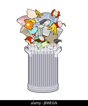 Mülleimer mit Müll isoliert. Wheelie bin mit Müll auf weißem Hintergrund. Müllcontainer Eisen. Schälen von Banane und Stub. Zinn und alte Zeitung. Knochen ein Stock Vektor