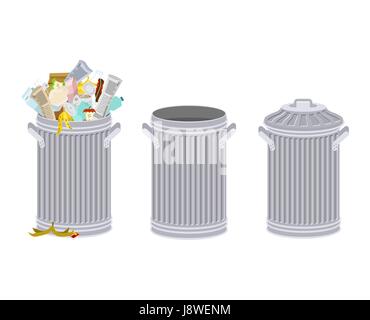 Mülleimer mit Müll isoliert. Wheelie bin mit Müll auf weißem Hintergrund. Müllcontainer Eisen. Schälen von Banane und Stub. Zinn und alte Zeitung. Knochen ein Stock Vektor