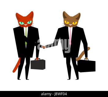 Katzen Geschäftsleute Vertrag. Handshake-Katze-Chef. Tier-Manager. Haustier im Kostüm mit Etui und binden Stock Vektor