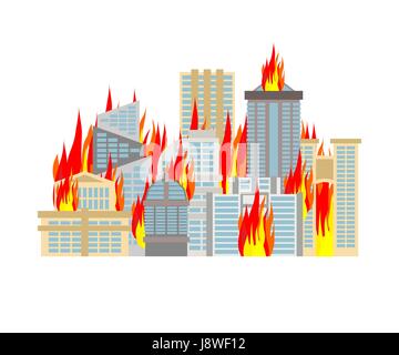 Stadtbrand. Stadt in Flammen. Gebäude brennen Stock Vektor