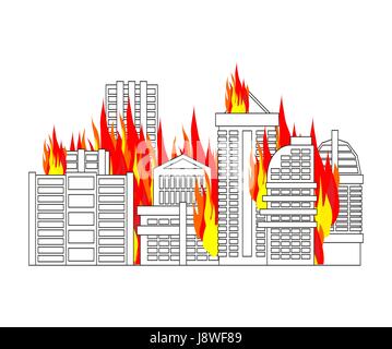 Stadtbrand. Stadt in Flammen. Gebäude brennen Stock Vektor