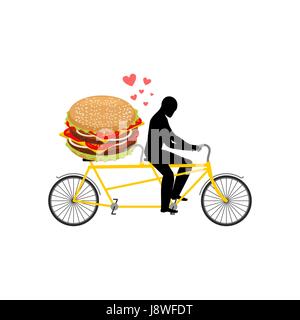 Liebhaber-Fast-Food. Mann und Hamburger mit Tandem. Guy und Burger. Liebhaber des Radsports. Man rollt Fahrrad. Romantisches Date Fastfood. Vielfraß-Lifestyle Stock Vektor
