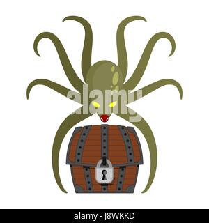 Oktopus und Schätze. Poulpe und Brust des pirate Reichtum gold. Meerestiere Stock Vektor